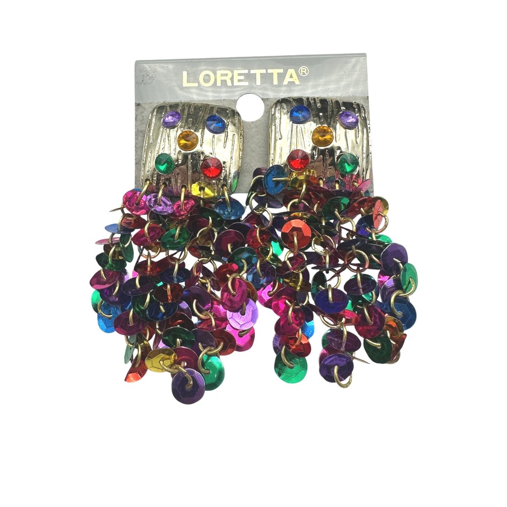 Loretta‎ Vintage 80s Rainbow Sequin Rhinestone Gold Tone Clip On Large Earrings